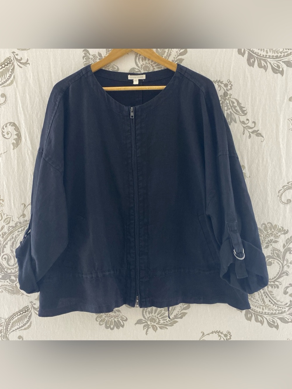 Eileen Fisher Jacket Linen Organic Collarless Full Zip Up Black XL